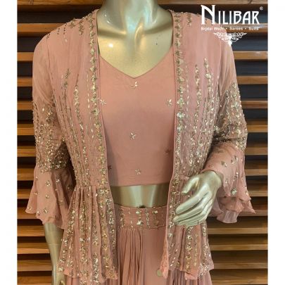 Peach Chinon Jacket Style Lehenga