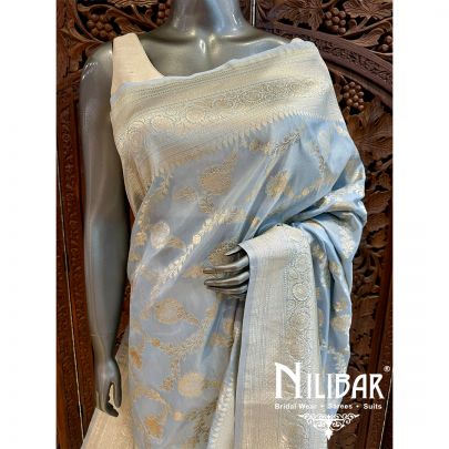Grey Silk Banarasi Embroidered Saree