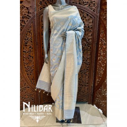 Grey Silk Banarasi Embroidered Saree