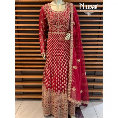 Dark Red Net Anarkali