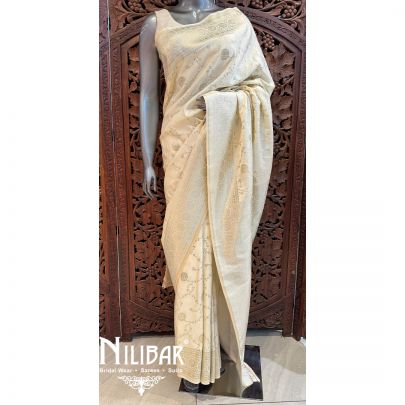 Cream Silk Banarasi Embroidered Saree.