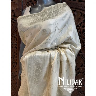 Cream Silk Banarasi Embroidered Saree.