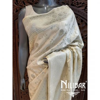 Cream Silk Banarasi Embroidered Saree.