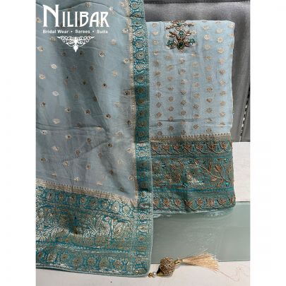 Baby Blue Organza Zari Unstitched Suit