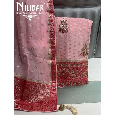Pink Organza Zari Unstitched Suit