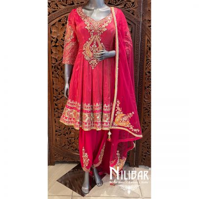 Bright Pink Lame Silk Dhoti Suit