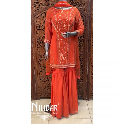 Orange Rust Georgette Net Garara Suit
