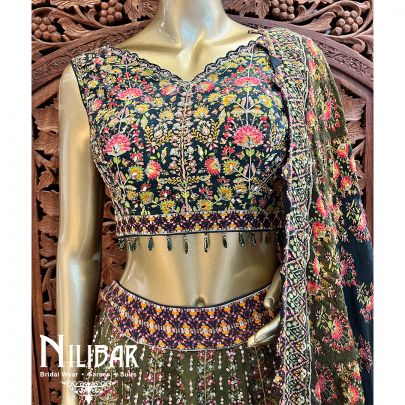 Olive Green With Ombre Bottle Green Crepe Printed Casual Lehenga