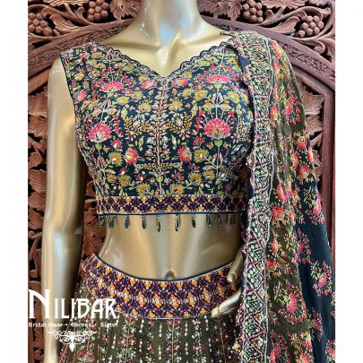 Olive Green With Ombre Bottle Green Crepe Printed Casual Lehenga