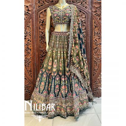 Olive Green With Ombre Bottle Green Crepe Printed Casual Lehenga