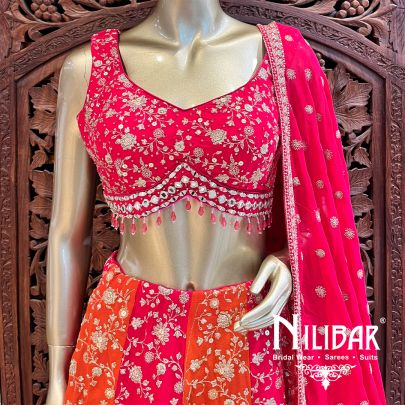 Hot Pink With Contrast Orange Georgette Casual Lehenga