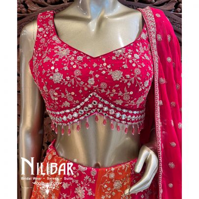 Hot Pink With Contrast Orange Georgette Casual Lehenga