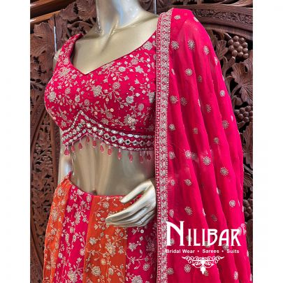 Hot Pink With Contrast Orange Georgette Casual Lehenga