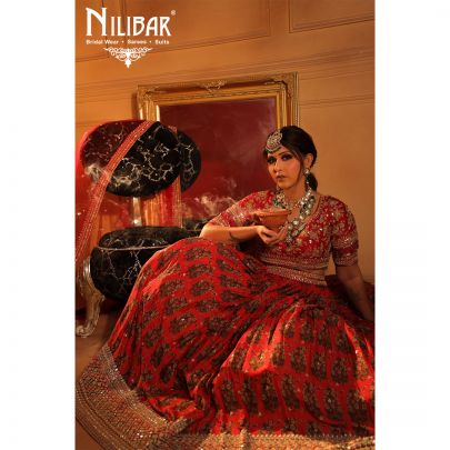 mehroon Silk and Chinon Bridal  Lehenga