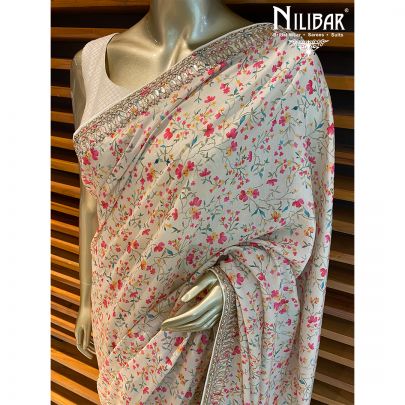 Cream Silk Printed Saree