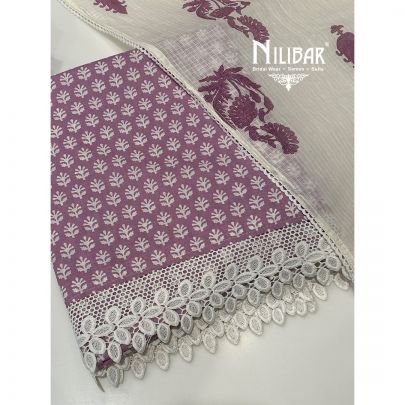 Lavender White Cotton Unstitched Suit
