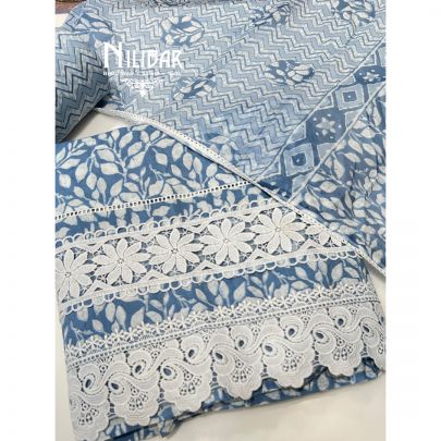 Light Blue White Cotton Unstitched Suit