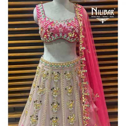 Pink Silk Blouse With Net Lehenga & Dupatta