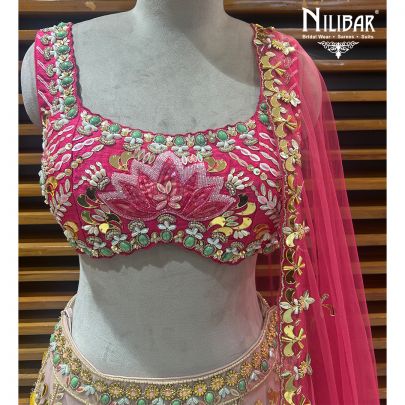 Pink Silk Blouse With Net Lehenga & Dupatta