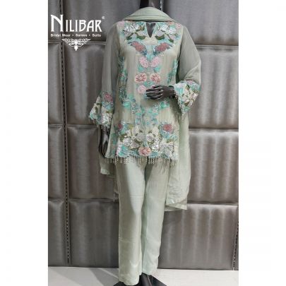 Sea Green Organza Short Shirt Paired With Pants & Dupatta