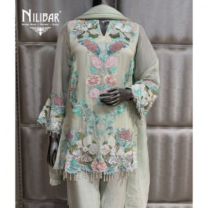 Sea Green Organza Short Shirt Paired With Pants & Dupatta