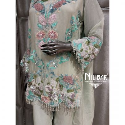 Sea Green Organza Short Shirt Paired With Pants & Dupatta