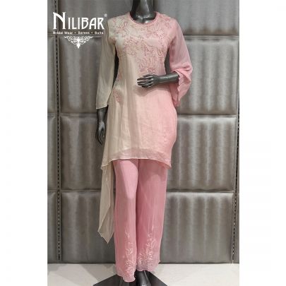 Pink & White Chinon A-Symmetrical Top Paired With Palazzo