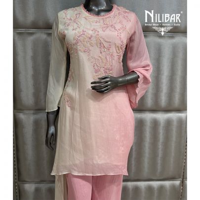 Pink & White Chinon A-Symmetrical Top Paired With Palazzo