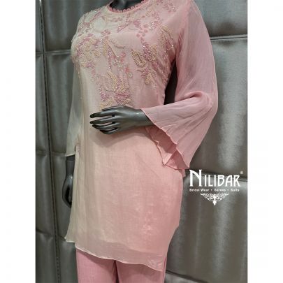 Pink & White Chinon A-Symmetrical Top Paired With Palazzo