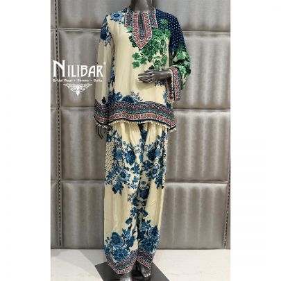 Ivory & Blue Crepe Short Top Paired With Farshi Salwar