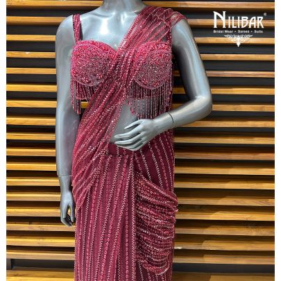 Maroon Net Drape Saree