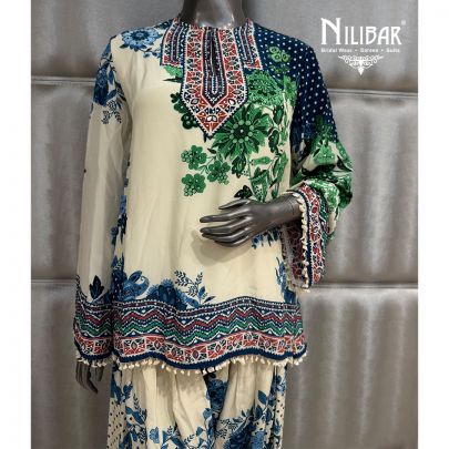 Ivory & Blue Crepe Short Top Paired With Farshi Salwar