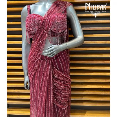 Maroon Net Drape Saree