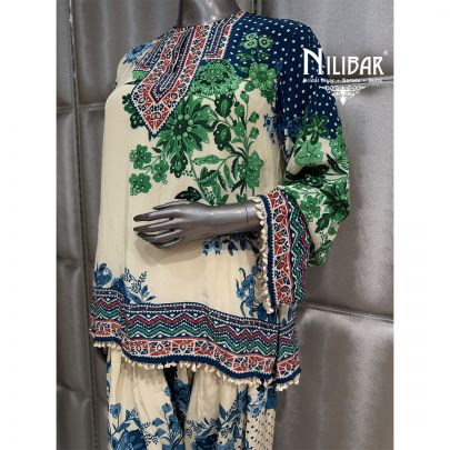 Ivory & Blue Crepe Short Top Paired With Farshi Salwar