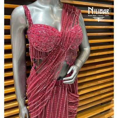 Maroon Net Drape Saree