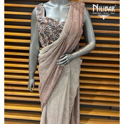 Champagne Pink Net Drape Saree
