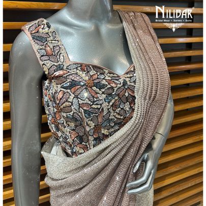 Champagne Pink Net Drape Saree