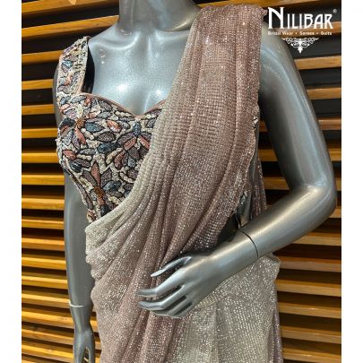 Champagne Pink Net Drape Saree