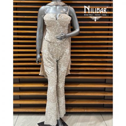 Beige Georgette Crop Top With Pants Indo-Western Set