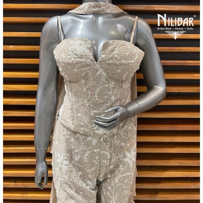 Beige Georgette Crop Top With Pants Indo-Western Set