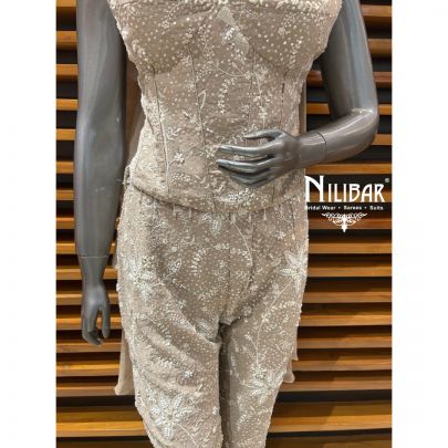 Beige Georgette Crop Top With Pants Indo-Western Set