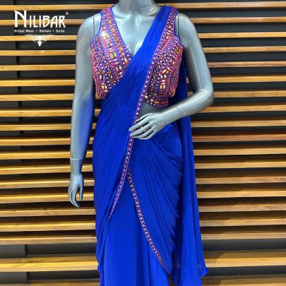 Blue Chinon Drape Saree