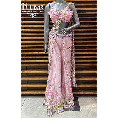 Baby Pink Silk Crop Top With Drape Indo-Western Set