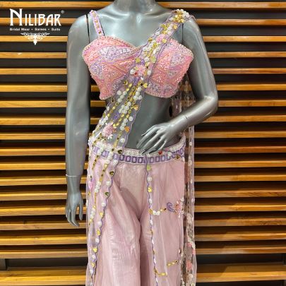 Baby Pink Silk Crop Top With Drape Indo-Western Set