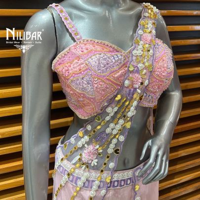 Baby Pink Silk Crop Top With Drape Indo-Western Set