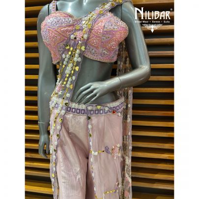 Baby Pink Silk Crop Top With Drape Indo-Western Set