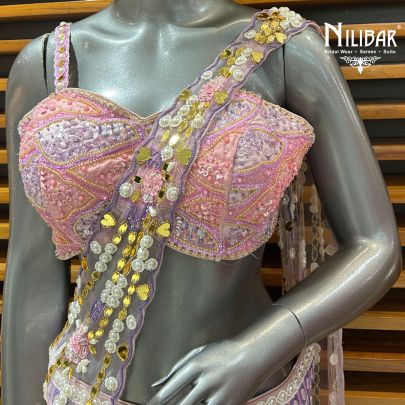 Baby Pink Silk Crop Top With Drape Indo-Western Set
