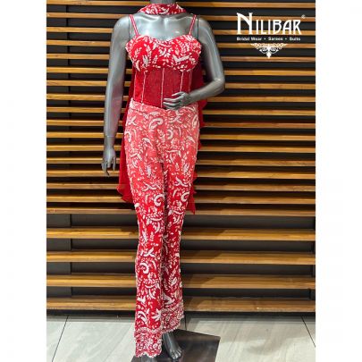 Red Georgette Corset Top With Pants Set