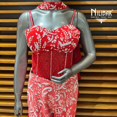 Red Georgette Corset Top With Pants Set