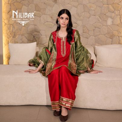 Red & Pista Silk Kurta Paired With Patiala Salwar and Crush Tissue Dupatta